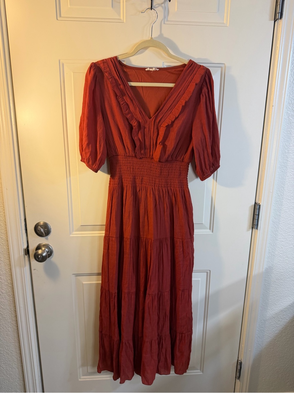 Kings Road Rust Boho Prairie Smocked Maxi Dress Medium